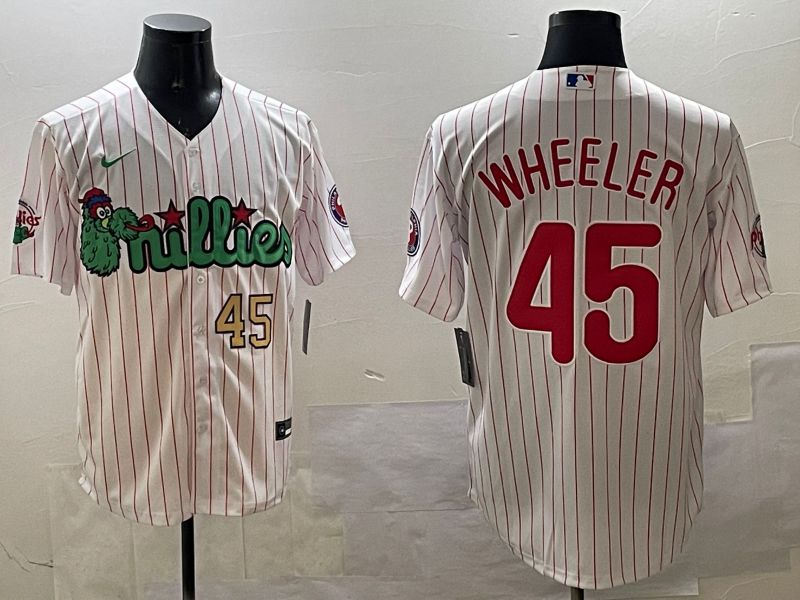 Men Philadelphia Phillies 45 Wheeler White Stripe Three generations Joint Name Game 2025 Nike MLB Jersey style 2